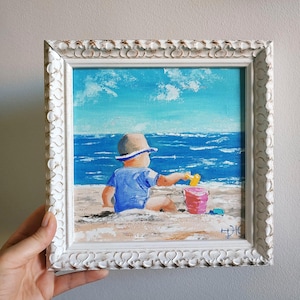 Child on Beach Painting Original Fine Art Impasto Framed 8x8