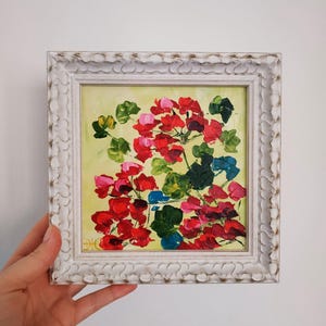 Geranium Painting Impasto Original Oil Painting Floral Art Small Art 3D Art Framed 6x6 Gift
