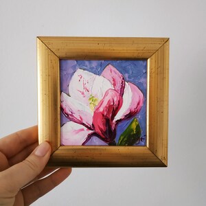 Pintura original de magnólia, flores, arte, impasto, pintura a óleo, arte 3D, emoldurada, 4x4, presente de aniversário