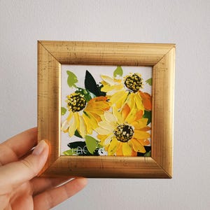 Black Eyed Susan schilderij Heleniums Wall Art Impasto olieverfschilderij bloemsierkunst originele kleine kunst 3D-kunst cadeau ingelijst 4 x 4