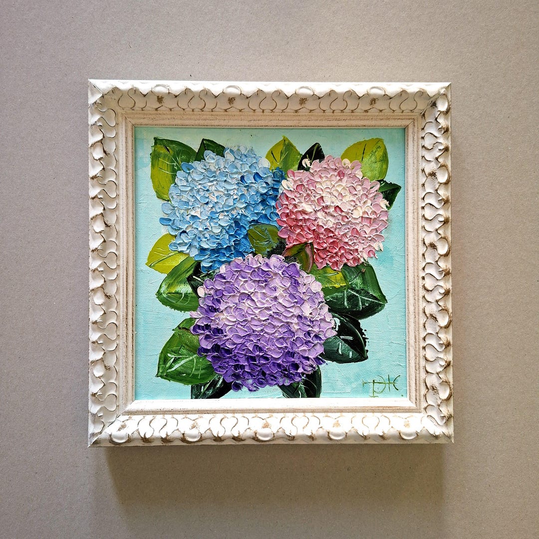 Hydrangea Original Oil Painting: Impasto Framed Floral 3D Art 8x8 - Etsy