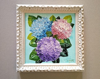 額入りアジサイミニ油絵：テクスチャー加工花柄3Dウォールアート #A55