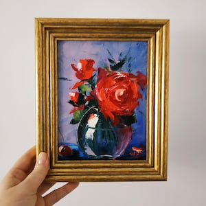 Roses peinture empâtement peinture à l'huile art floral art original 3d peinture encadré 8 x 6 cadeau d'anniversaire