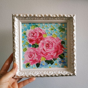 Tableau roses myosotis Cadeau artistique original Art floral Empâtement Peinture à l'huile Art 3D Encadré 15 x 15 cm
