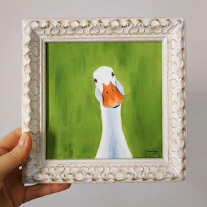 Oie blanche, peinture originale, peinture à l'huile, animaux de compagnie, portrait, canard, petite oeuvre d'art encadrée 6х6 pouces