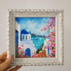 Santorin, Oia, Grèce, peinture originale, petit art mural, empâtement, peinture à l'huile, couteau à palette, art 3D, encadré 15 x 15 cm