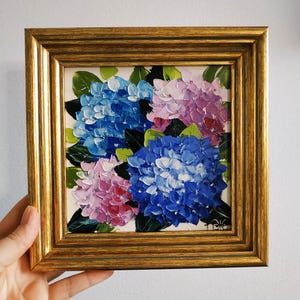 Hydrangea Painting Impasto Oil Painting Floral Art Original Wall Art 3D Art Framed 6x6 Gift