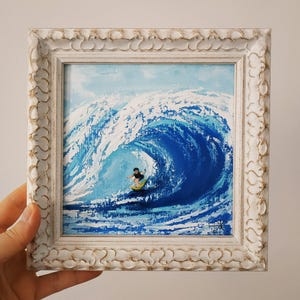 Vague, peinture, art mural original, surfeur, Hawaii, art de surf, paysage marin, empâtement, peinture à l'huile, art 3D, encadré 6 x 6 pouces