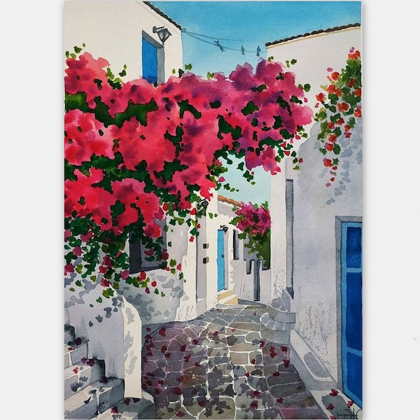 Mediterranean Art Cityscape Painting Bougainvillea Wall Art Watercolor Original Art Large Watercolor Mother's Day Gift