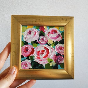 Pintura original de rosas, pintura a óleo empastada, arte floral, pintura 3D emoldurada, 4x4" presente de aniversário