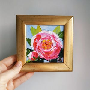Pintura original de peonía rosa, pintura al óleo empastada, arte floral, arte pequeño, arte de pared 3D, enmarcado, regalo de 4x4