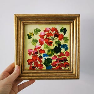 Géranium original peinture empâtement peinture à l'huile art floral petit art 3D art encadré 6 x 6 cadeau