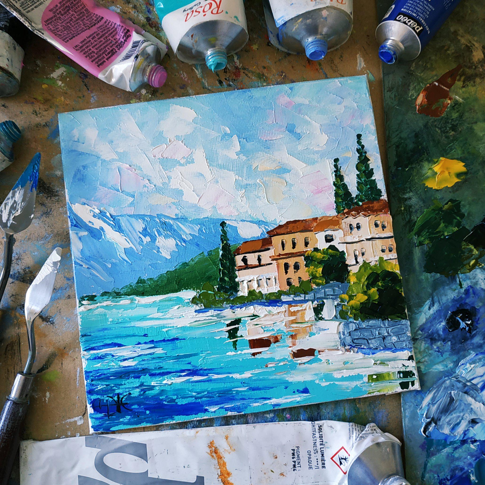 コモ湖の油絵：インパスト3Dアート、額入りオリジナル6x6 - Etsy 日本