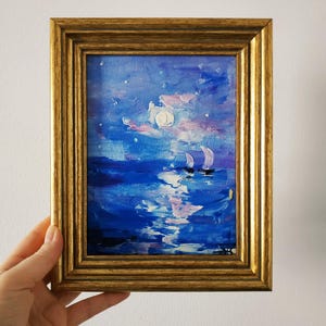 Peinture à l'huile de paysage marin, peinture à empâtement, petit art mural, art 3D, encadré, couteau à palette de 6 x 8 po.