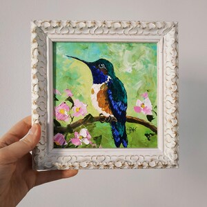 Colibri, peinture oiseaux oeuvre d'art originale empâtement peinture 3D peinture encadré 15 x 15 cm