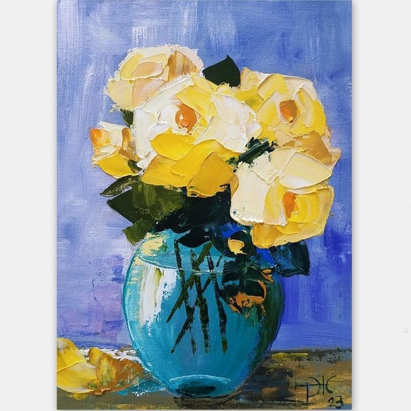 Rosas amarillas ramo pintura obra de arte original arte floral impasto pintura al óleo arte 3D 9x7 regalo del día de la madre