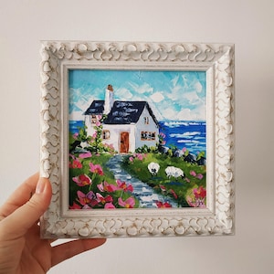 Peinture originale Irlande Moutons irlandais, peinture à l'huile empâtement, art 3D encadré couteau à palette 6 x 6