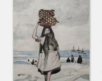 Fisherwoman Painting Seaside landscape Art Portugal Retro Style Watercolor Art Print from Original Work