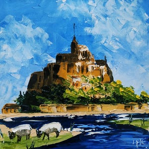 Mont Saint-Michel peinture France Art coucher de soleil rose peinture à l'huile originale empâtement 3D Art 6 par 6 pouces