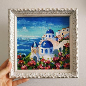 Santorini Painting Oia Greece Original Art Landscape Small Impasto Oil Painting 3D Painting Framed 8x8 inches