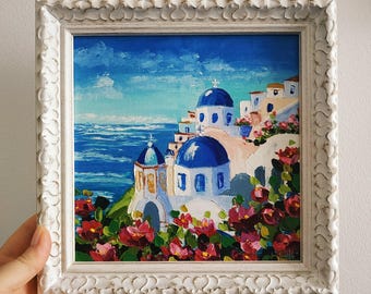 Santorini Painting Oia Greece Original Art Landscape Small Impasto Oil Painting 3D Painting Framed 8x8 inches