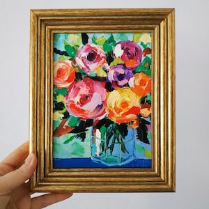 Bouquet abstrait peinture originale empâtement peinture à l'huile art floral art 3D 8 par 6 cadeau