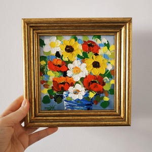 Coquelicots peinture tournesols marguerites art floral empâtement peinture à l'huile art 3D original encadré 6 x 6 cadeau d'anniversaire