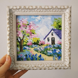 Peinture originale Sakura, art du jardin, iris en fleurs, empâtement, peinture à l'huile, art 3D, encadré 6 x 6