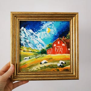 Peinture originale Grange rouge American Farm Art empâtement peinture à l'huile 3D Art encadré 8 x 8 cadeau d'anniversaire
