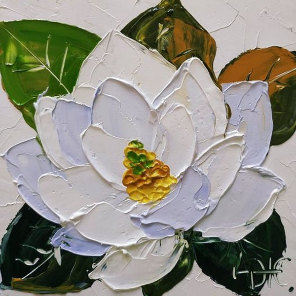 White Magnolia Painting Original Art Flowers Art Impasto Oil Painting Texture Art 4 by 4 Mother's Day Gift