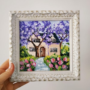 Jacaranda, peinture originale, Californie, arbre fleuri, cottage, peinture à l'huile, empâtement, art 3D, encadré, couteau à palette 6 x 6