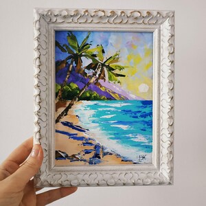 Peinture originale de plage tropicale d'Hawaï, peinture à l'huile originale d'art mural coloré, paysage marin, art 3D encadré 15 x 20 cm
