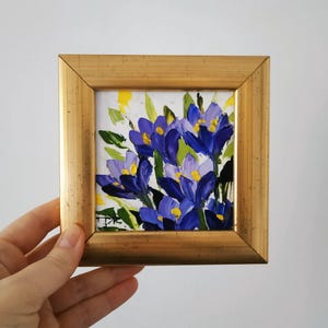 Pintura original de azafranes, arte floral, pintura al óleo, arte floral, arte 3D pequeño, enmarcado, 4x4, regalo