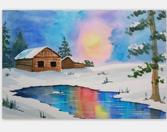 Peinture de paysage d'hiver Vermont Art, aquarelle originale 20 x 12 pouces