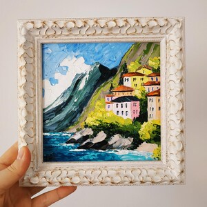 Lac de Côme, peinture Italie Original, empâtement, peinture à l'huile 3D, encadré 15 x 15 cm