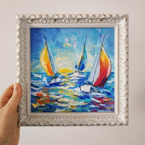 Pintura a óleo em tela de veleiro caribenho, pôr do sol, arte náutica colorida para parede, paisagem marinha, arte 3D emoldurada, 20x20 cm