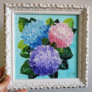 Hydrangea Painting Impasto Oil Painting Floral Art Original Art Framed 3D Art 8x8 Gift