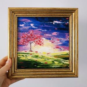 Arbre de vie peinture originale coucher de soleil art mural paysage empâtement peinture à l'huile 3D Art cadeau encadré 20 x 20 cm