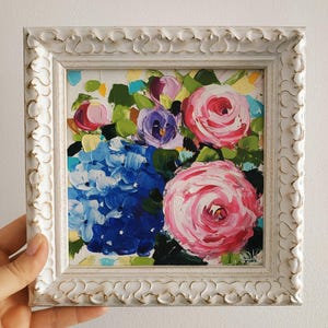 Peinture pivoines hortensias art floral original empâtement peinture à l'huile art 3D encadré 6х6 cadeau fête des mères