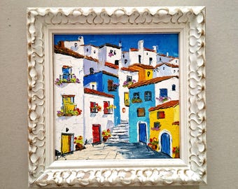 Algarve Impasto Oil Painting: Portuguese Cityscape Original Framed 6x6