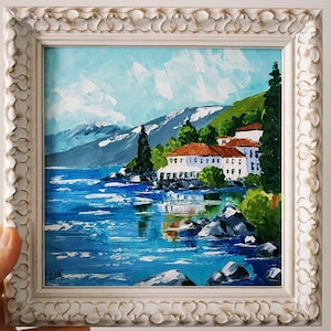 Lake Como Painting Scenery Italy Original Art Impasto Oil Painting 3D Art Framed 8х8 inches