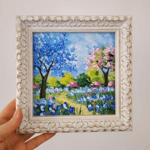 Jacaranda peinture originale jardin Art California Iris en fleurs empâtement peinture à l'huile 3D Art encadré 6 x 6