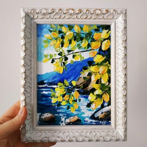 Peinture à l'huile originale côtière de citronnier de Sicile, citron sicilien, Italie, art 3D empâtement, encadré 20 x 15 cm