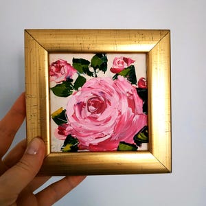 Pink Roses Original Painting Floral Art Impasto Oil Painting Small Art Birthday Gift Framed 4x4&quot; Palette Knife