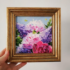 Bouquet de lilas et de pivoines peinture empâtement peinture à l'huile art floral art original art 3D encadré 6 x 6 cadeau