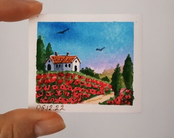 Poppy Painting Tuscany Miniature House Painting Tiny Watercolor Original Art Dolls-house Decor 1.7 by 2 inches