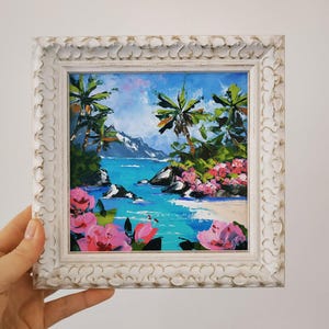 Peinture originale de plage tropicale d'Hawaï, peinture à l'huile originale d'art mural coloré, paysage marin, art 3D encadré 15 x 15 cm