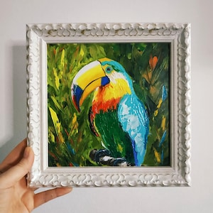 Oeuvre d'art d'oiseaux tropicaux de toucan, peinture à l'huile d'empâtement d'art originale, art 3D encadré 20 x 20 cm