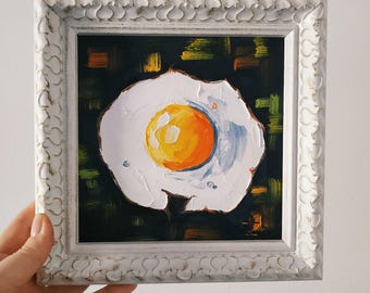 Fried Egg Painting Original Fine Art Impasto Oil Painting Still Life Kitchen Decor Framed 6x6