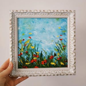 Peinture originale coquelicots coquelicot de Californie art mural paysage empâtement peinture à l'huile art 3D encadré 8х8 cadeau d'anniversaire